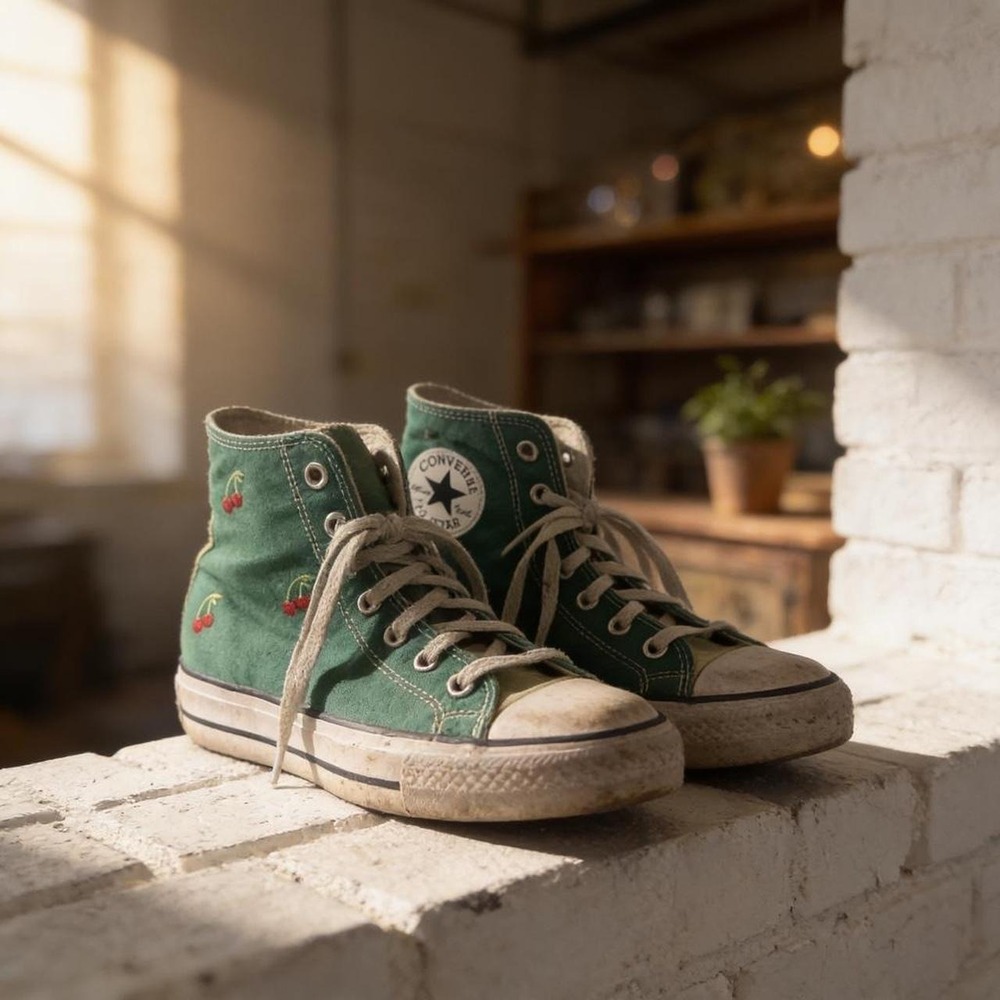 Green Converse high top sneakers with cherry embroidery